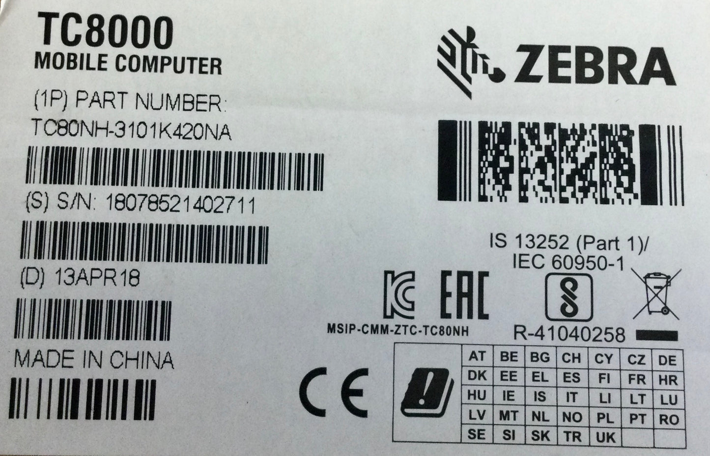 Zebra TC80NH-3101K420NA Mobile Computer