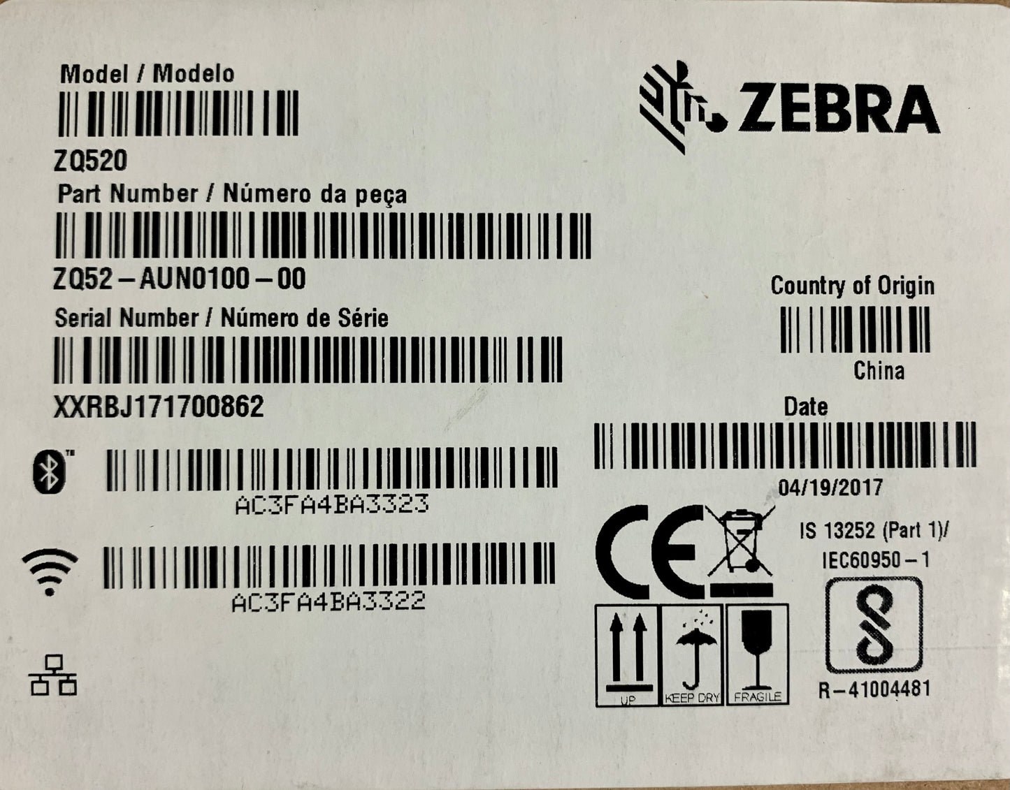 Zebra ZQ52-AUN0100-00 Portable Barcode Printer (New)